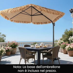 Ombrellone da Spiaggia 283 cm, Ombrello Tiki di Paglia in PE con Base, Ombrellone Sospeso Hawaiano per Giardino Piscina Terrazza
