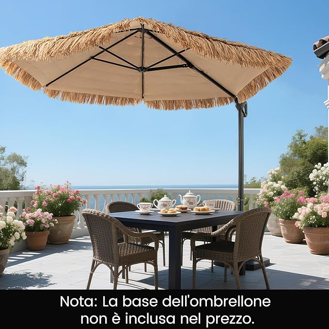 Ombrellone da Spiaggia 283 cm, Ombrello Tiki di Paglia in PE con Base, Ombrellone Sospeso Hawaiano per Giardino Piscina Terrazza