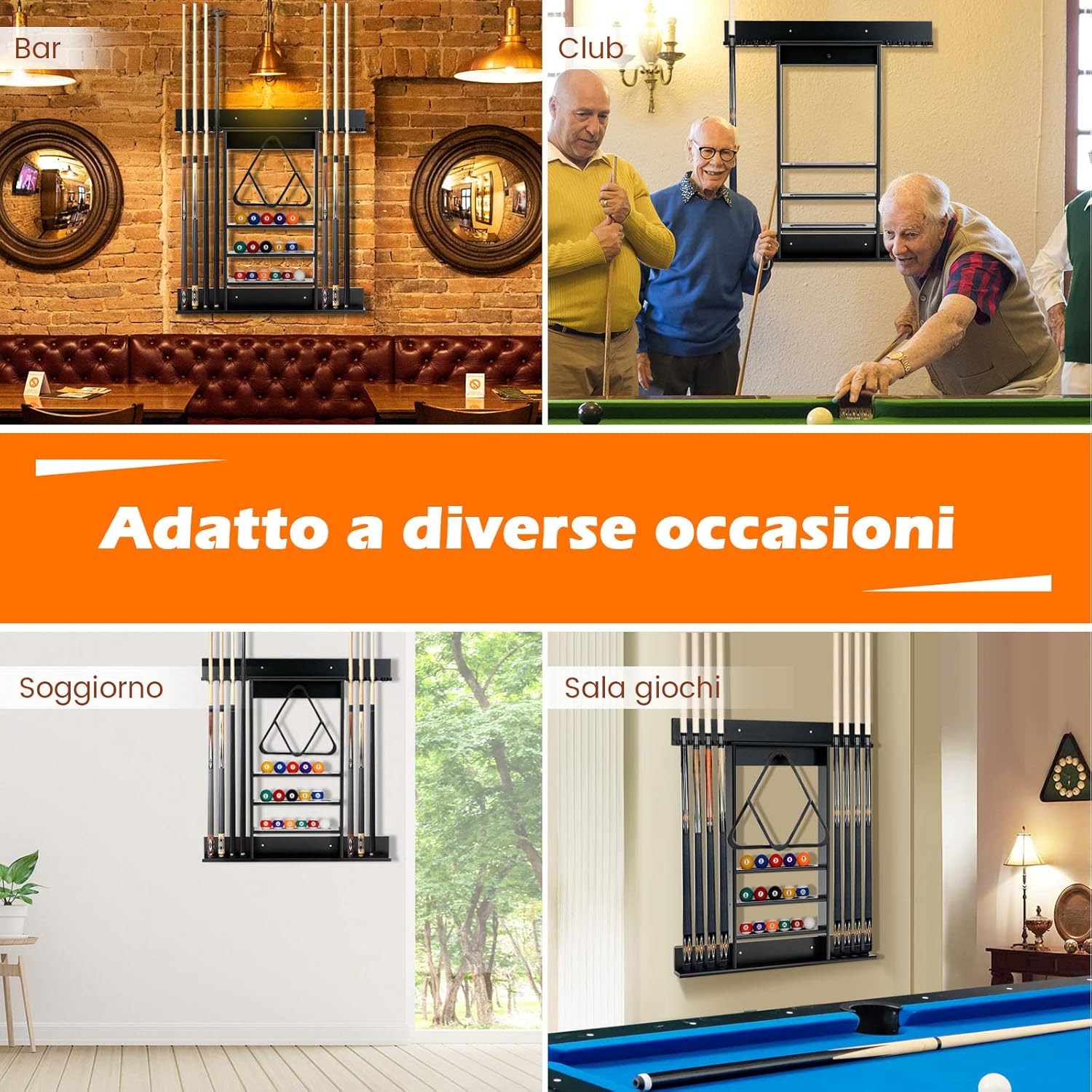 Porta Stecche da Biliardo in Legno Massello, a Parete Può Ospitare 8 Stecche 15 Palle e 1 Portapalle, Attrezzatura per Sala da Biliardo Club e Bar (Nero)