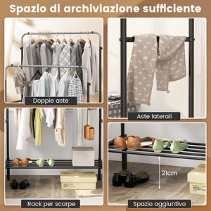 Stand Appendiabiti in Metallo, Doppio Asta Appendiabiti con Altezze Regolabili, Porta Abiti per Camera da Letto, 108x50x120/125 cm