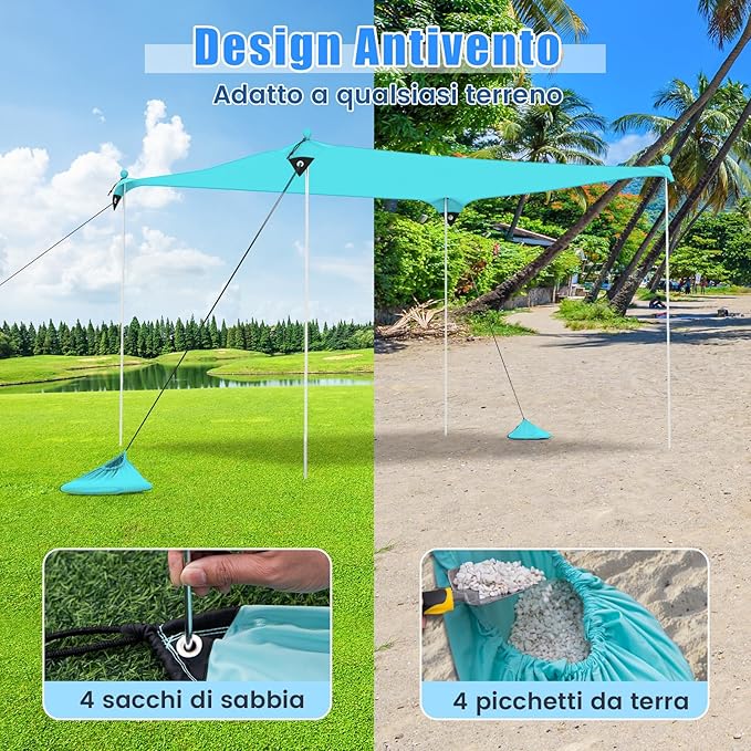 Tenda da Spiaggia Portatile, Tenda Protezione dai Raggi UV, con 4 Sacchetti di Sabbia, Borsa per il Trasporto, Parasole per 4-8 Persone, 300 x 300 x 200 cm (Verde)