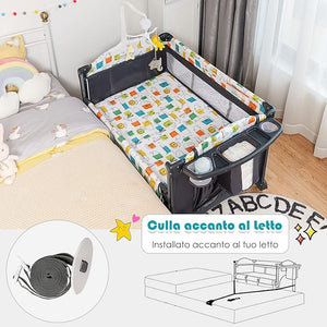 5 in 1 Lettino da Campeggio per Bambini, Lettino con Materasso per Neonato, Culla da Viaggio con Fasciatoio, Altezza Regolabile, Ruote con Freno, per Bambini 0-36 Mesi (Grigio)