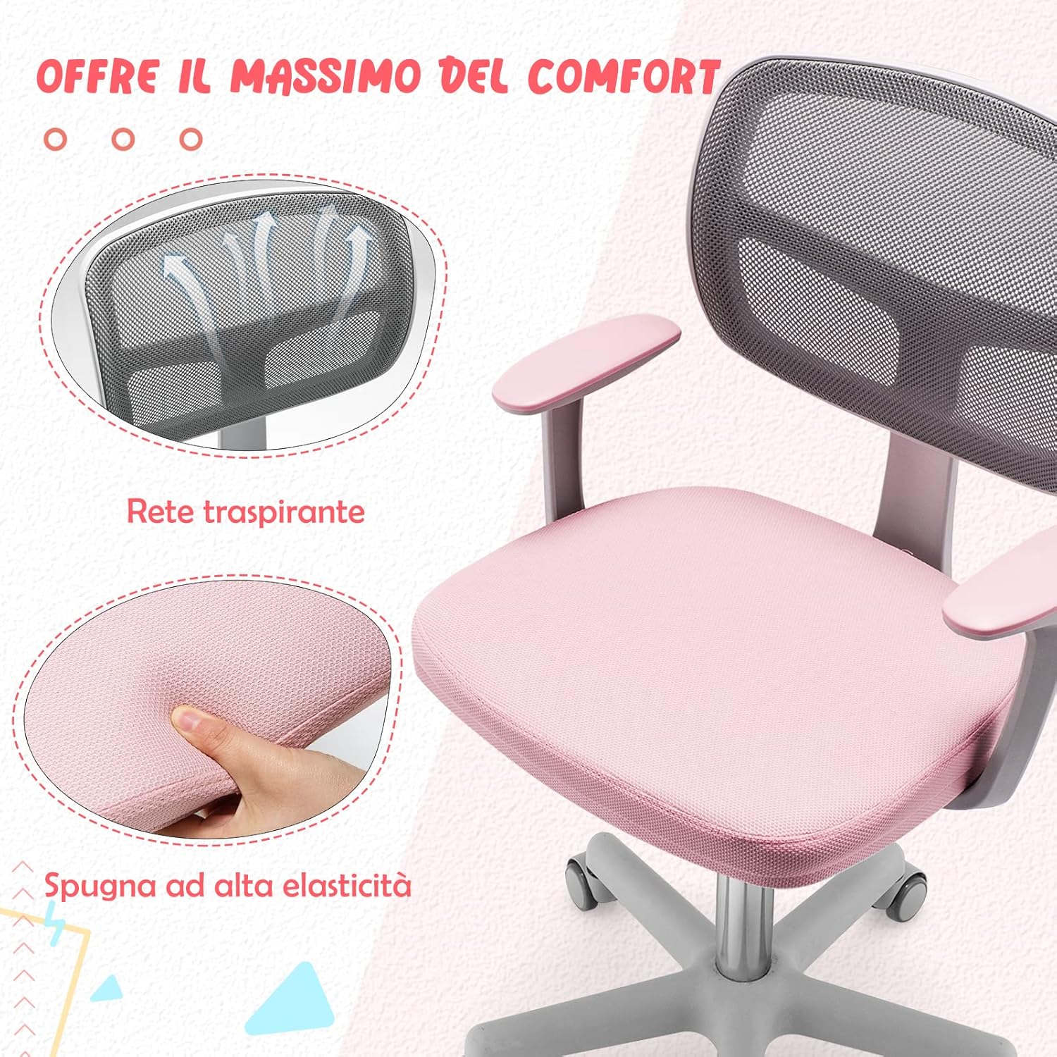 Sedia per Scrivania per Bambini, Sedia per Computer per Bambini con Altezza Regolabile, Ruote con Freni, Sedile Girevole a Rete, Sedia Ergonomica per Bambini 3-10 Anni (Rosa)