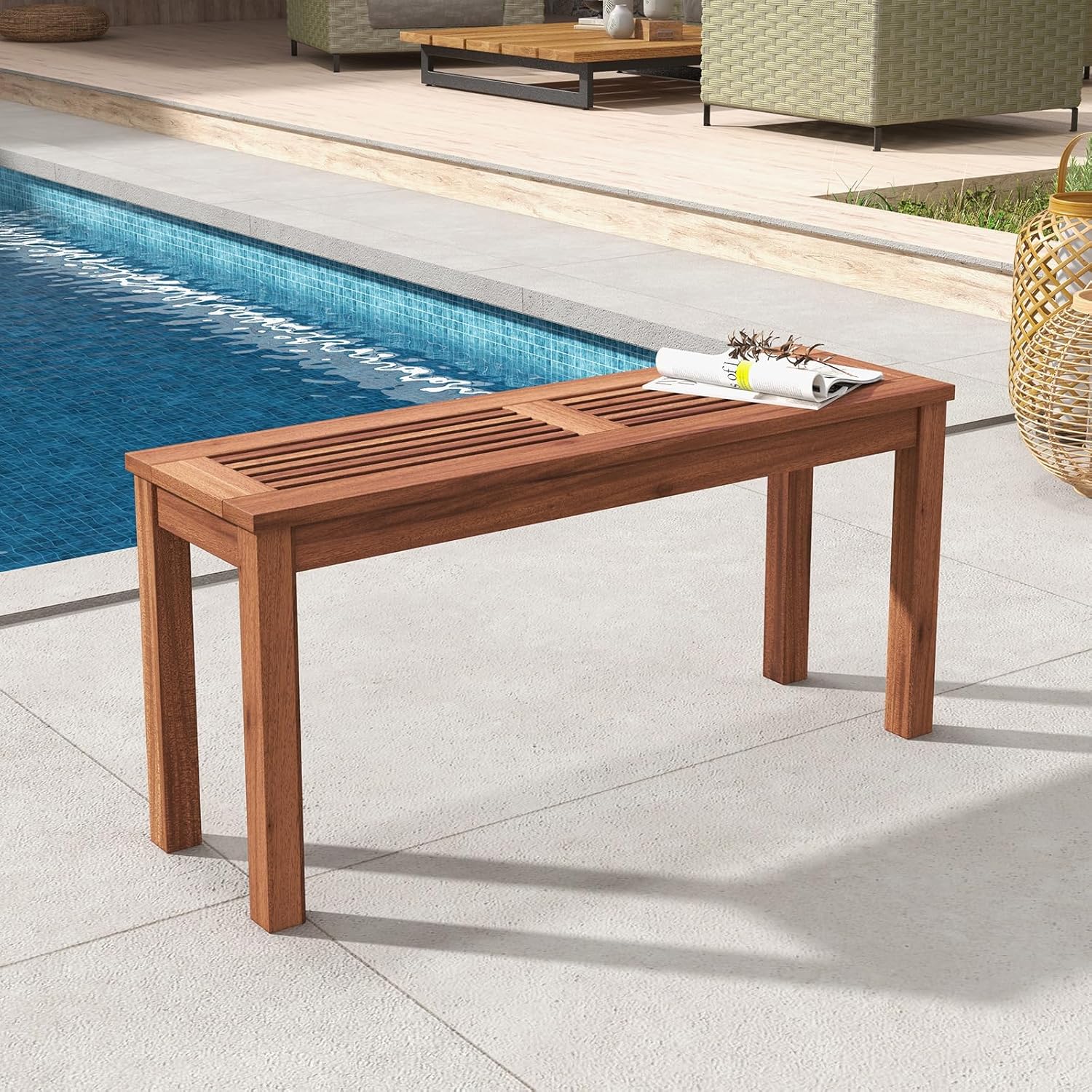Panchina da Giardino 100 x 30,5 x 47cm, Set di Panca in Legno Massello da Esterno con Sedile a Doghe e Robusto Telaio, Arredo per Balcone e Ingresso, Naturale (1)