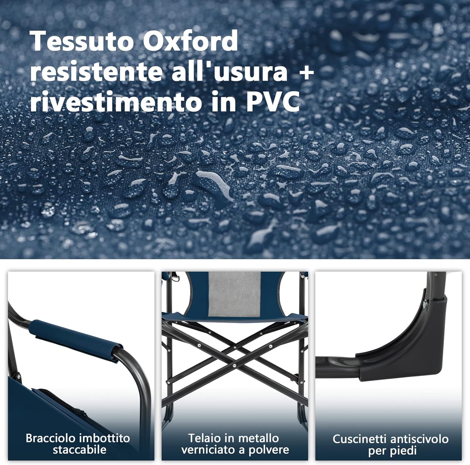 Sedia da Campeggio Pieghevole, Sedia da Regista Robusta con Tavolino, Borsa Frigo, Borsa Portaoggetti e Cinghia, Sedia da Trucco da 180 kg, per Campeggio Escursione Pesca Picnic (blu)