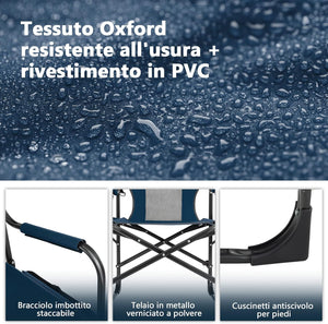 Sedia da Campeggio Pieghevole, Sedia da Regista Robusta con Tavolino, Borsa Frigo, Borsa Portaoggetti e Cinghia, Sedia da Trucco da 180 kg, per Campeggio Escursione Pesca Picnic (blu)