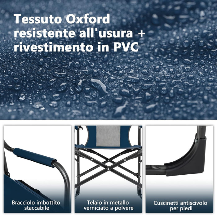 Sedia da Campeggio Pieghevole, Sedia da Regista Robusta con Tavolino, Borsa Frigo, Borsa Portaoggetti e Cinghia, Sedia da Trucco da 180 kg, per Campeggio Escursione Pesca Picnic (blu)