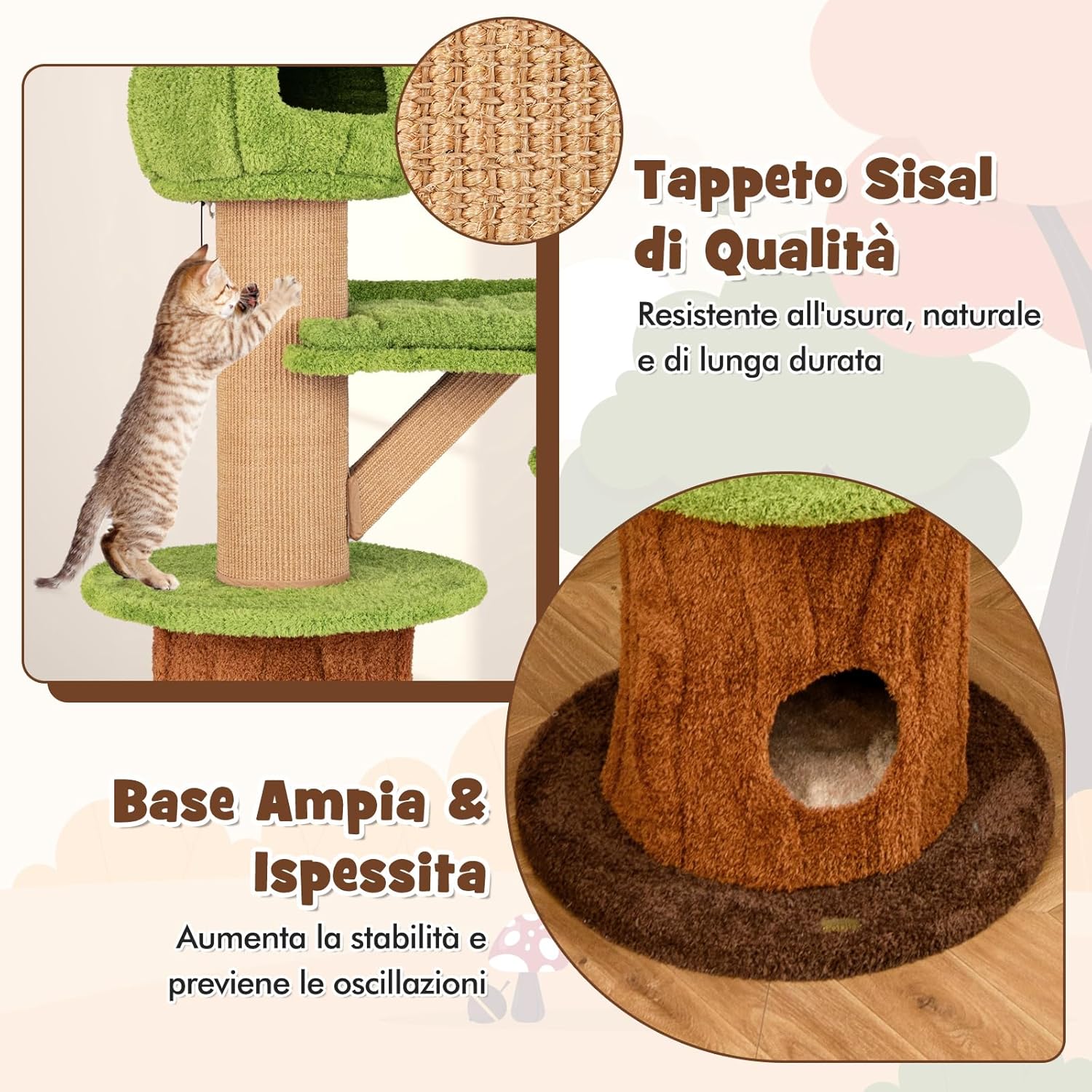 Tiragraffi a Forma di Albero per Gatti 175cm, Albero per Animali Domestici con 2 Casette, Trespolo Peluche, Palline Teaser, Pali in Sisal e Cuscini Rimovibili, Torre Moderno Interno