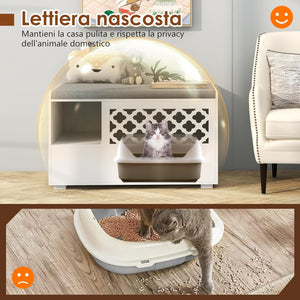 Mobile per Lettiera per Gatti, Panca per Lettiera per Gatti, Mobile Contenitore con Cuscino Rimovibile per Gatti da Interno, Bianco, 90 x 48,5 x 52 cm