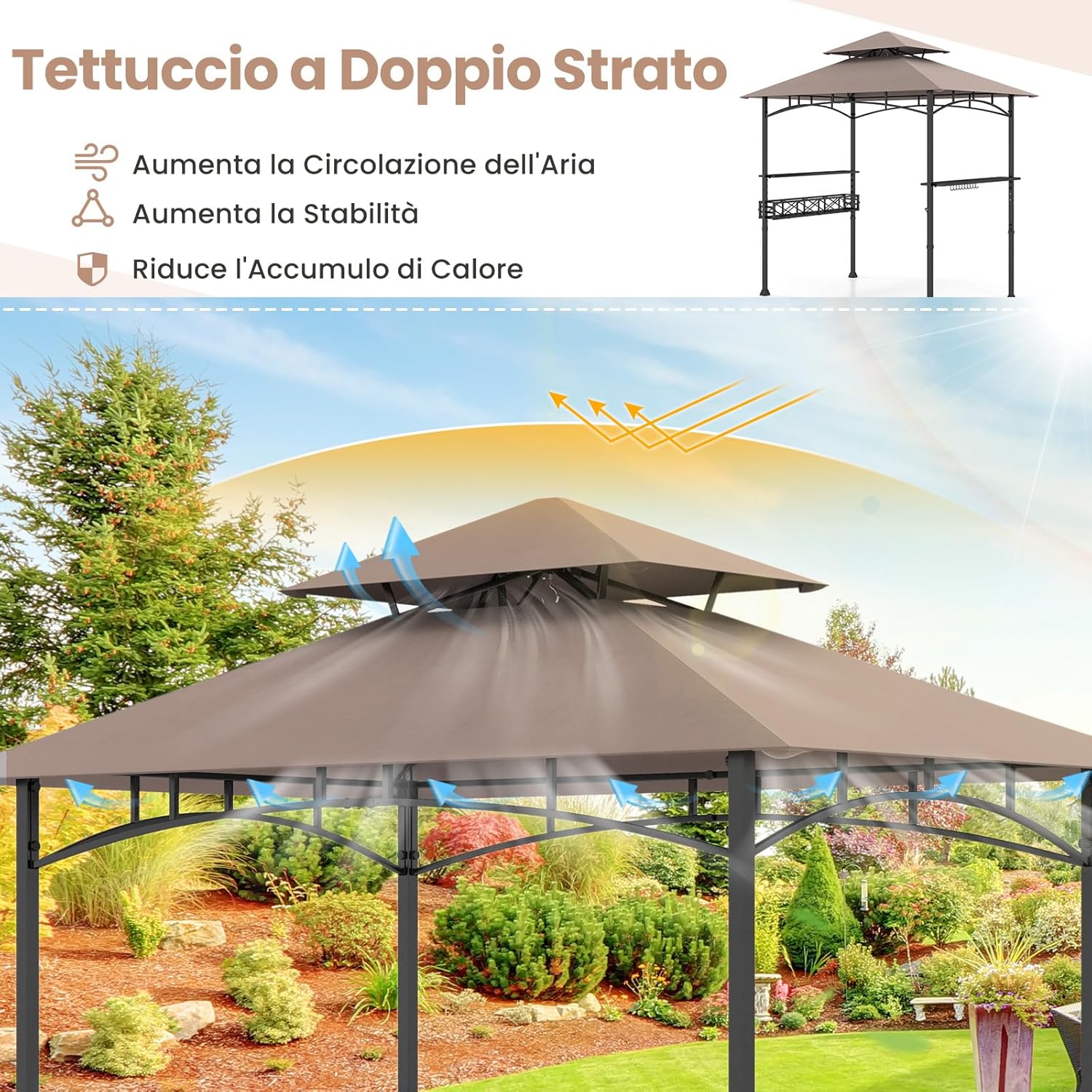 Gazebo per Barbecue, Pergola per BBQ con 2 Ripiani Laterali, Cestino, Ganci Appendiutensili, Apribottiglie, Copertura a 2 Livelli, per Giardino e Cortile, 242 x 153 x 250 cm (Marrone)