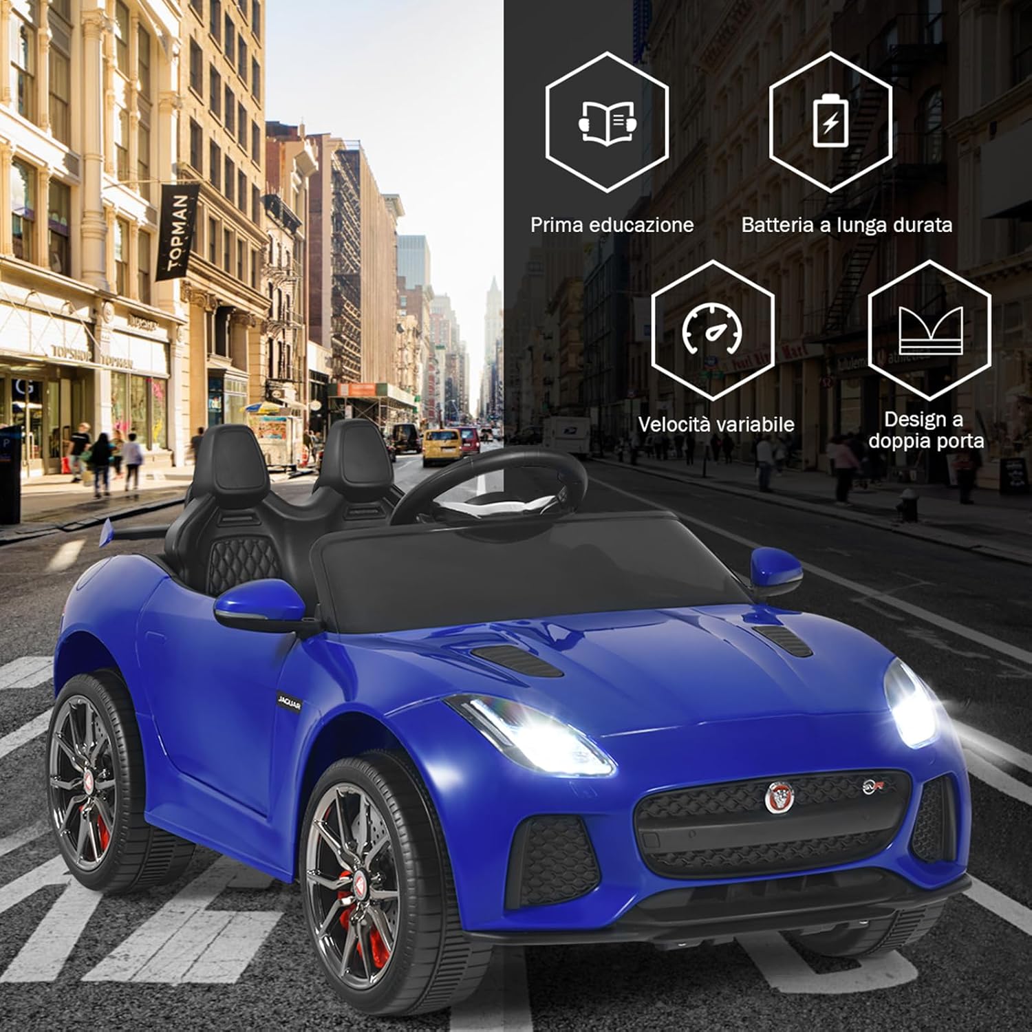 Jaguar Auto Elettrico 12 V per Bambini, Macchina Elettrica con Telecomando, con Luci Musica Storia, Avvio Lento, Velocit¨¤ 3-5 km/h (Blu)