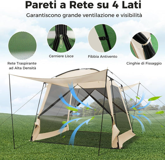 Tenda Campeggio 6-8 Persone, Tenda Cupola Anti UV Impermeabile e Antivento, Gazebo Stabile Facile da Montare, per 3 Stagioni, Spiaggia Campeggio Pesca, Beige, 440 x 304 x 250 cm