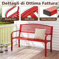 Panca da Esterno 2-3 Posti 128 cm, Panca in Metallo con Braccioli Curvi e Schienale alla Moda, Panchina Moderna in Metallo per Parco, Cortile e Giardino (Rosso, 128 x 60 x 86.5 cm)