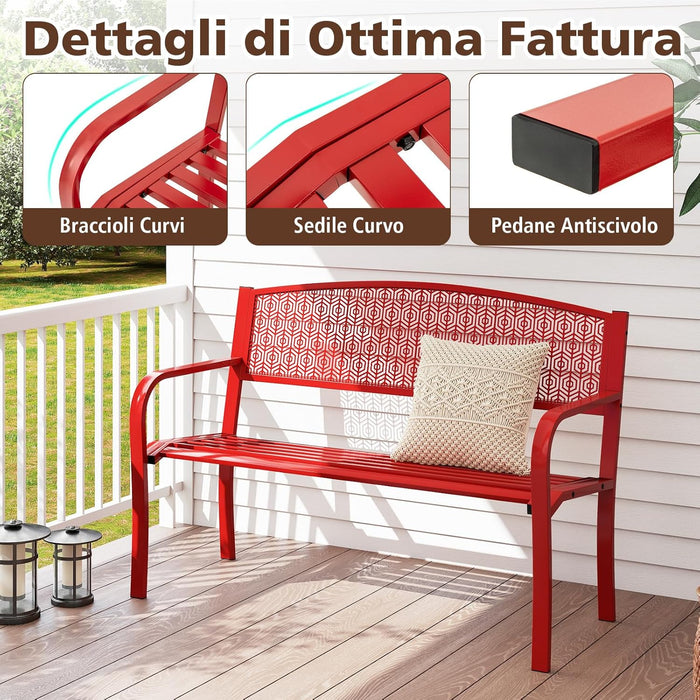 Panca da Esterno 2-3 Posti 128 cm, Panca in Metallo con Braccioli Curvi e Schienale alla Moda, Panchina Moderna in Metallo per Parco, Cortile e Giardino (Rosso, 128 x 60 x 86.5 cm)