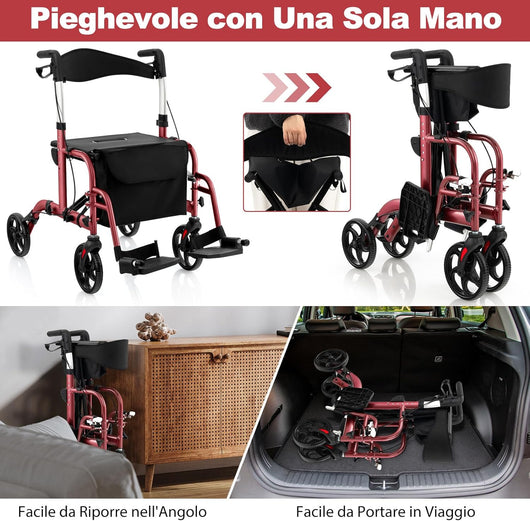 Deambulatore Multiuso 2 in 1, Deambulatore per Anziani in Alluminio con Altezza Regolabile a 6 Livelli, Poggiapiedi Pieghevole (Rosso)