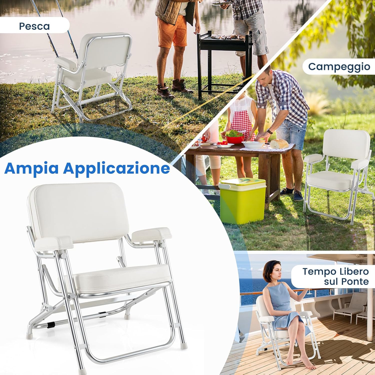Sedia da Barca Pighevole, Sedia da Spiaggia in Alluminio con Seduta Imbottita, Poltrona Portatile per Esterni, Piedini Antiscivolo, Sedia da Campeggio Portata 150 kg