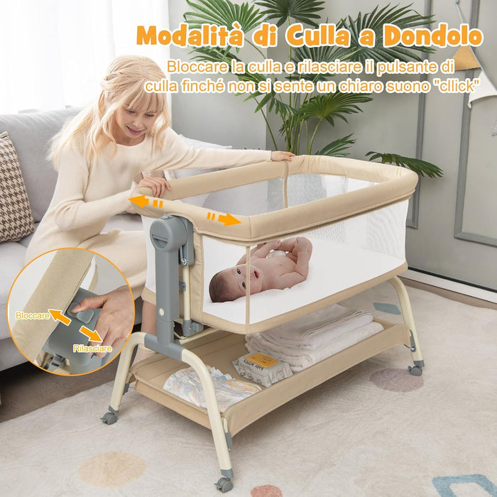 Culla Neonato Fianco 4 in 1, Culla Co-sleeping con Spondina Aperto, Altezza Regolabile, Inclinabile, Materasso Ruote Borsa da Viaggio Zanzariera Inclusi, 0-6 Mesi Fino a 9 kg (Beige)