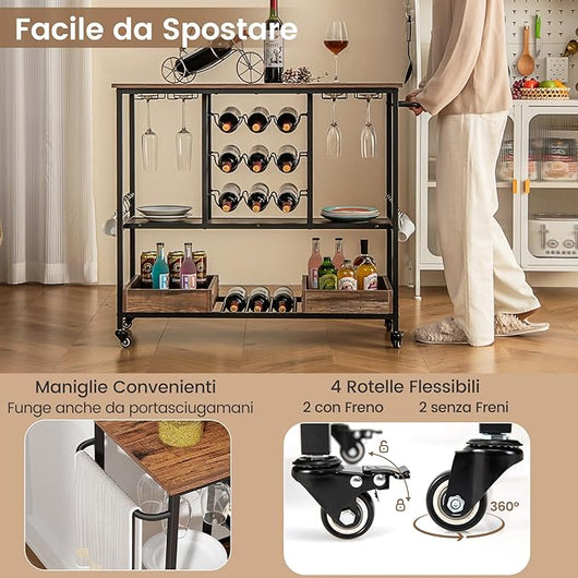 Carrello Bar a 3 Livelli, Carrello Portabevande con Portabicchieri, Portabottiglie, 8 Ganci e 2 Scatole Portaoggetti, Carrello di Vino per Cucina, Sala da Pranzo e Soggiorno