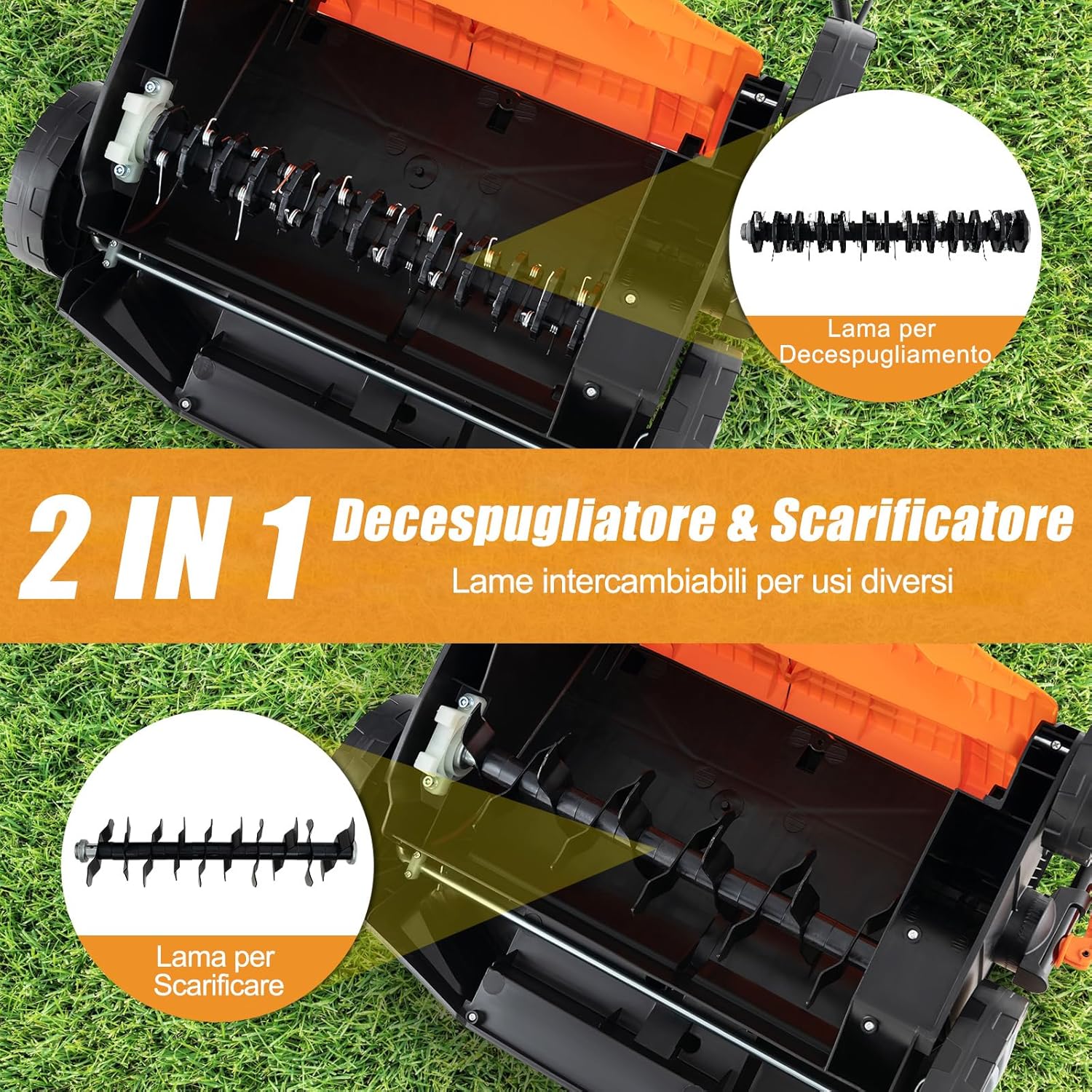 Scarificatore 2 In-1 per Prato, 15A Decespugliatore per Prato da 41 cm, con Regolazione dell'Altezza e della Profondità, Erbicida Pieghevole con Sacca di Raccolta da 55L (Arancione)