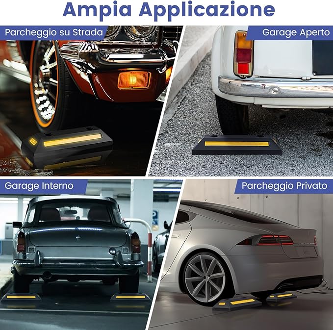Ferma Ruota per Veicoli da Garage, Set di Fermaruote in Gomma per Parcheggi, con Strisce Riflettenti, per Uso Interno ed Esterno, 54,5 x 16 x 9 cm