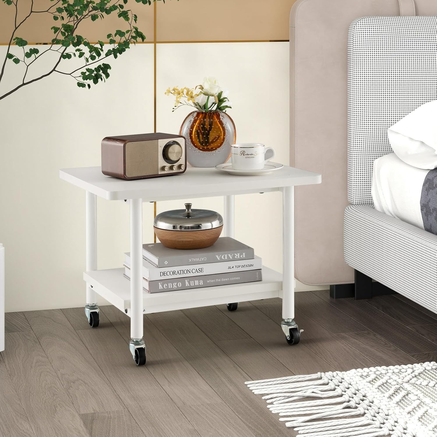 Supporto per Stampante, Carrello Stampante con Ruote Girevoli a 360⁰, Design Rimovibile, Superficie Ampia e Liscia, di Legno e Acciaio, 49 x 40 x 37 cm (Bianco)