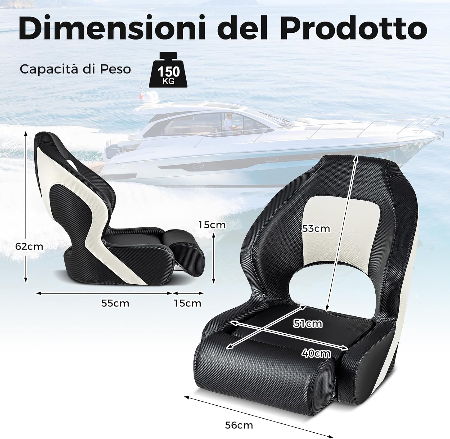 Sedia per Barca, Sedile da Barca con Supporto per Schienale e Cuscino, Rivestimento in Pelle PVC Impermeabile, Schienale Alto 53 cm, Seduta da Barca da Pesca e Escursioni