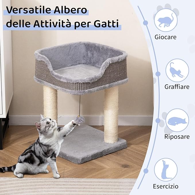 Albero per Gatti 38 x 38,5 x 51 cm, Torre per Gatti con Posatoio in Peluche, Pali Graffianti in Sisal e Palla Pendente, Centro Attività Moderno per Animali Domestici (Grigio)