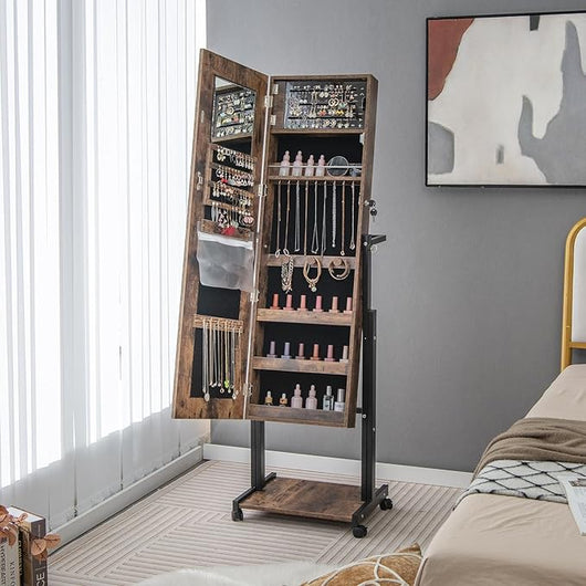 Armadio Portagioie da Terra con Ruote, Specchio Portagioie con Luci LED, Altezza e Angolo Regolabile, Organizer per Gioielli e Accessori (Industriale, 46 x 36 x 175 cm, Con Ripiano)