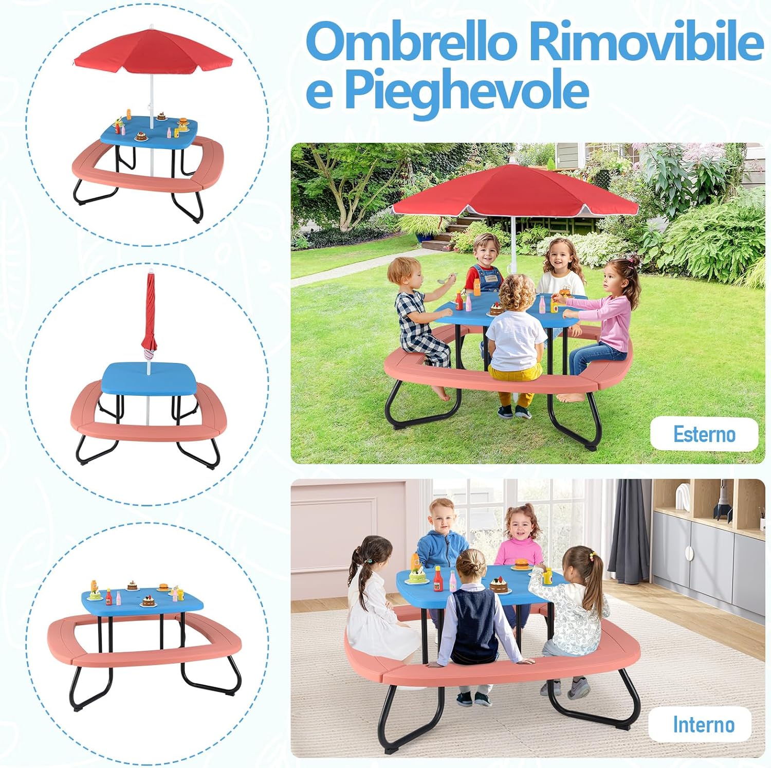Tavolo da Picnic per Bambini con 8 Posti 125 × 125 × 100-160 cm, Tavolino Bambini in HDPE con Ombrellone Regolabile e Pieghevole, Struttura in Metallo e 4 Panchine (tavolo blu)
