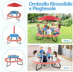 Tavolo da Picnic per Bambini con 8 Posti 125 × 125 × 100-160 cm, Tavolino Bambini in HDPE con Ombrellone Regolabile e Pieghevole, Struttura in Metallo e 4 Panchine (tavolo blu)