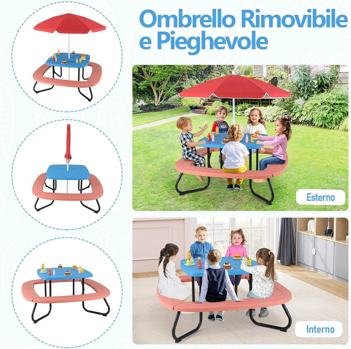 Tavolo da Picnic per Bambini con 8 Posti 125 × 125 × 100-160 cm, Tavolino Bambini in HDPE con Ombrellone Regolabile e Pieghevole, Struttura in Metallo e 4 Panchine (tavolo blu)