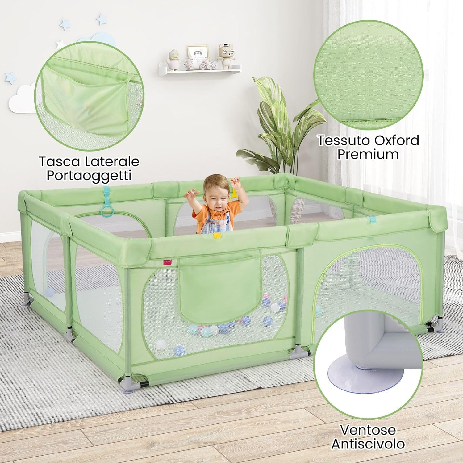 Recinto per Bambini, Box per Bambini con Rete Traspirante, Centro Attività per Bambini con 50 Palline, Box Giochi per Bambini 0-3 Anni (Verde, 189 x 158 cm)