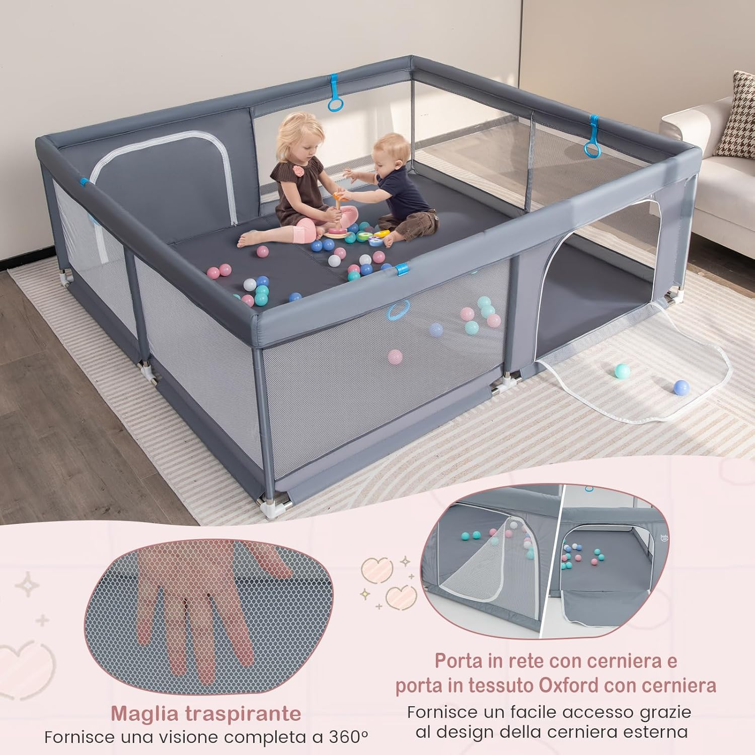 Recinto per Bambini, Box per Bambini con Rete Traspirante, Centro Attività per Bambini con 50 Palline, Box Giochi per Bambini 0-3 Anni (Grigio, 200 x 180 cm)