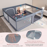 Recinto per Bambini, Box per Bambini con Rete Traspirante, Centro Attività per Bambini con 50 Palline, Box Giochi per Bambini 0-3 Anni (Grigio, 200 x 180 cm)
