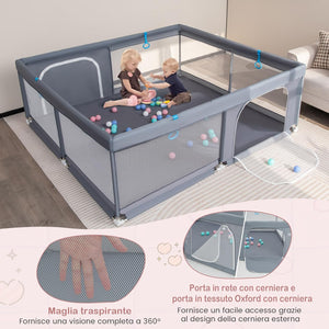 Recinto per Bambini, Box per Bambini con Rete Traspirante, Centro Attività per Bambini con 50 Palline, Box Giochi per Bambini 0-3 Anni (Grigio, 200 x 180 cm)