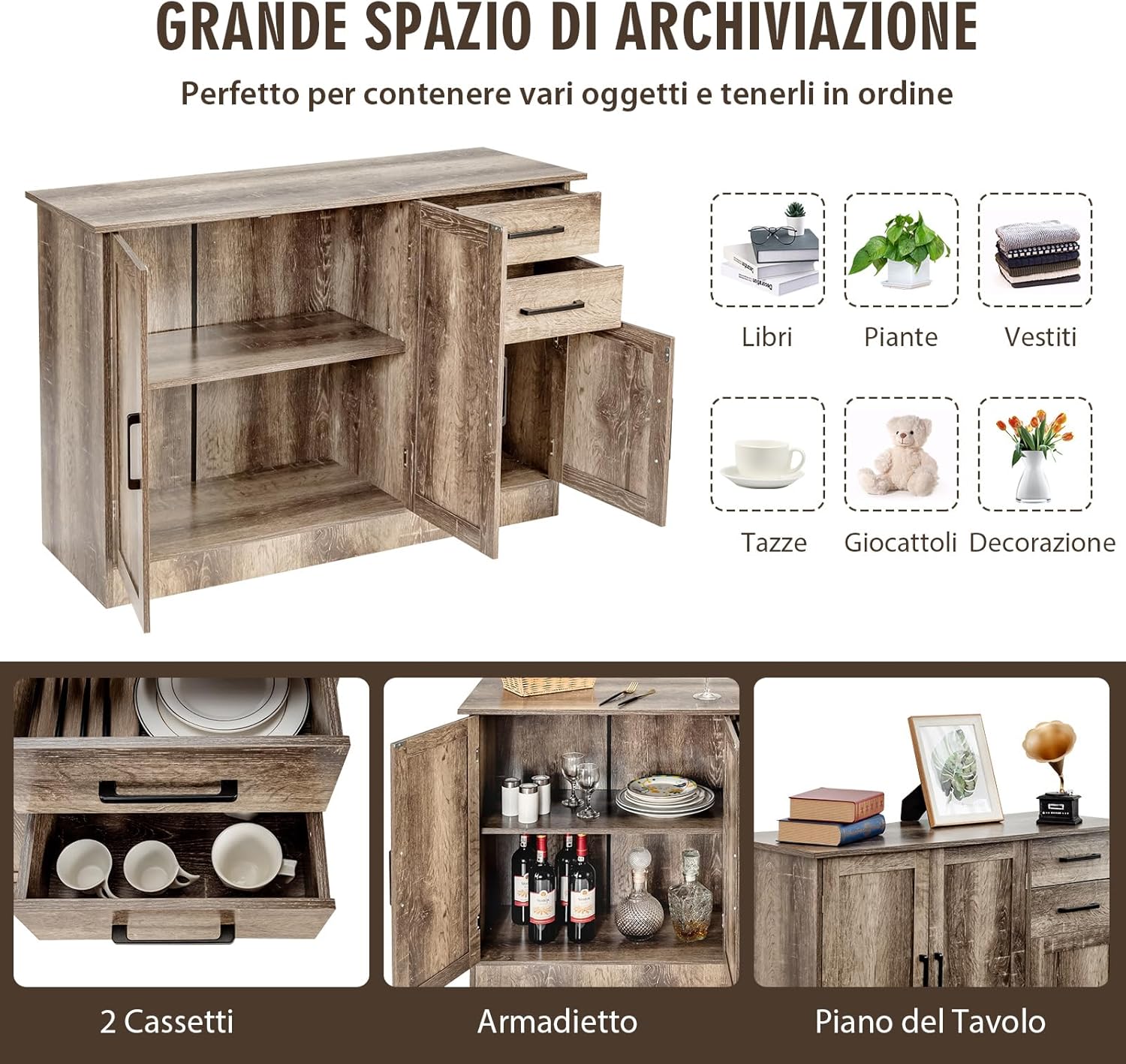 Credenza da Cucina, Mobile Buffet da Terra con 2 Cassetti, 3 Ante e 1 Ripiano Regolabile, per Sala da Pranzo, Cucina, Salotto, Ingresso, Grigio