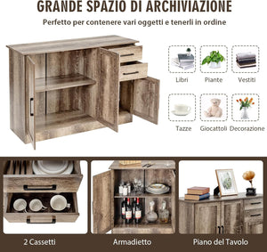 Credenza da Cucina, Mobile Buffet da Terra con 2 Cassetti, 3 Ante e 1 Ripiano Regolabile, per Sala da Pranzo, Cucina, Salotto, Ingresso, Grigio