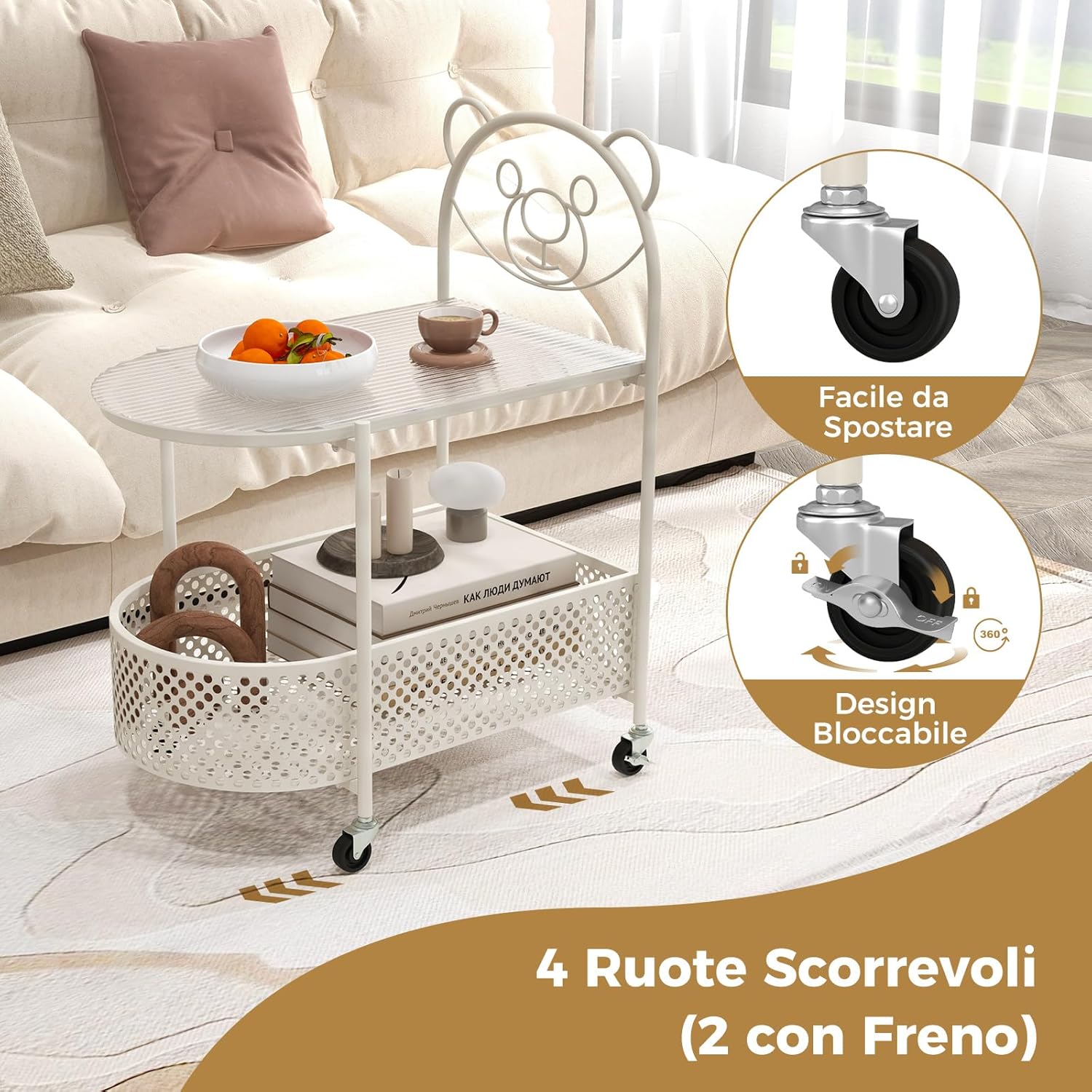 Tavolino da Caffè in Vetro a 2 Livelli, Tavolino Laterale con Ruote Bloccabili, Motivo Orso e Cesta di Stoccaggio, Tavolino per Salotto, Camera da Letto e Studio (Oro)
