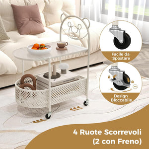 Tavolino da Caffè in Vetro a 2 Livelli, Tavolino Laterale con Ruote Bloccabili, Motivo Orso e Cesta di Stoccaggio, Tavolino per Salotto, Camera da Letto e Studio (Oro)
