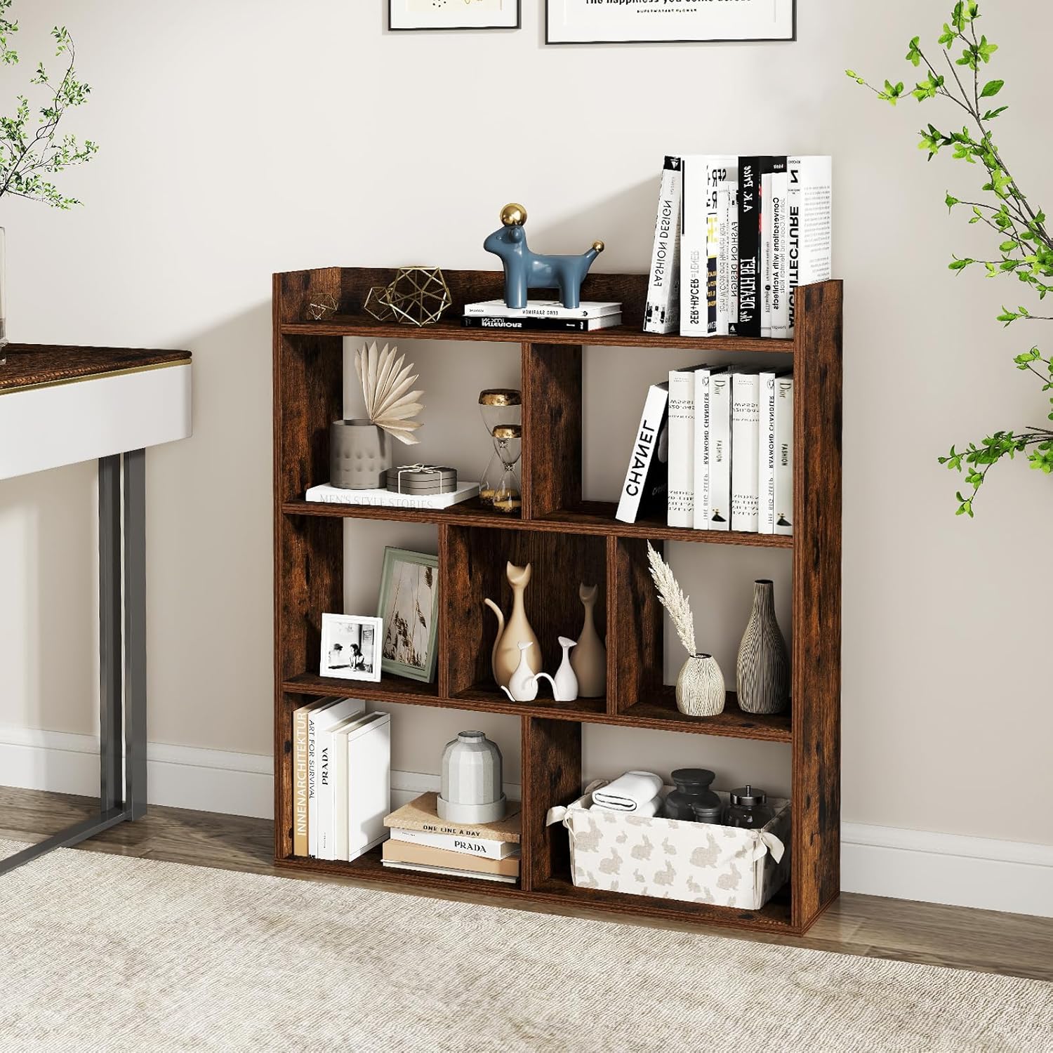 Libreria a Cubi con 7 Scomparti, Mensola Espositiva per l'Archiviazione, Libreria in Legno con Dispositivi Anti-Ribaltamento, per Studio Soggiorno, 80x20x90 cm (Caffè)