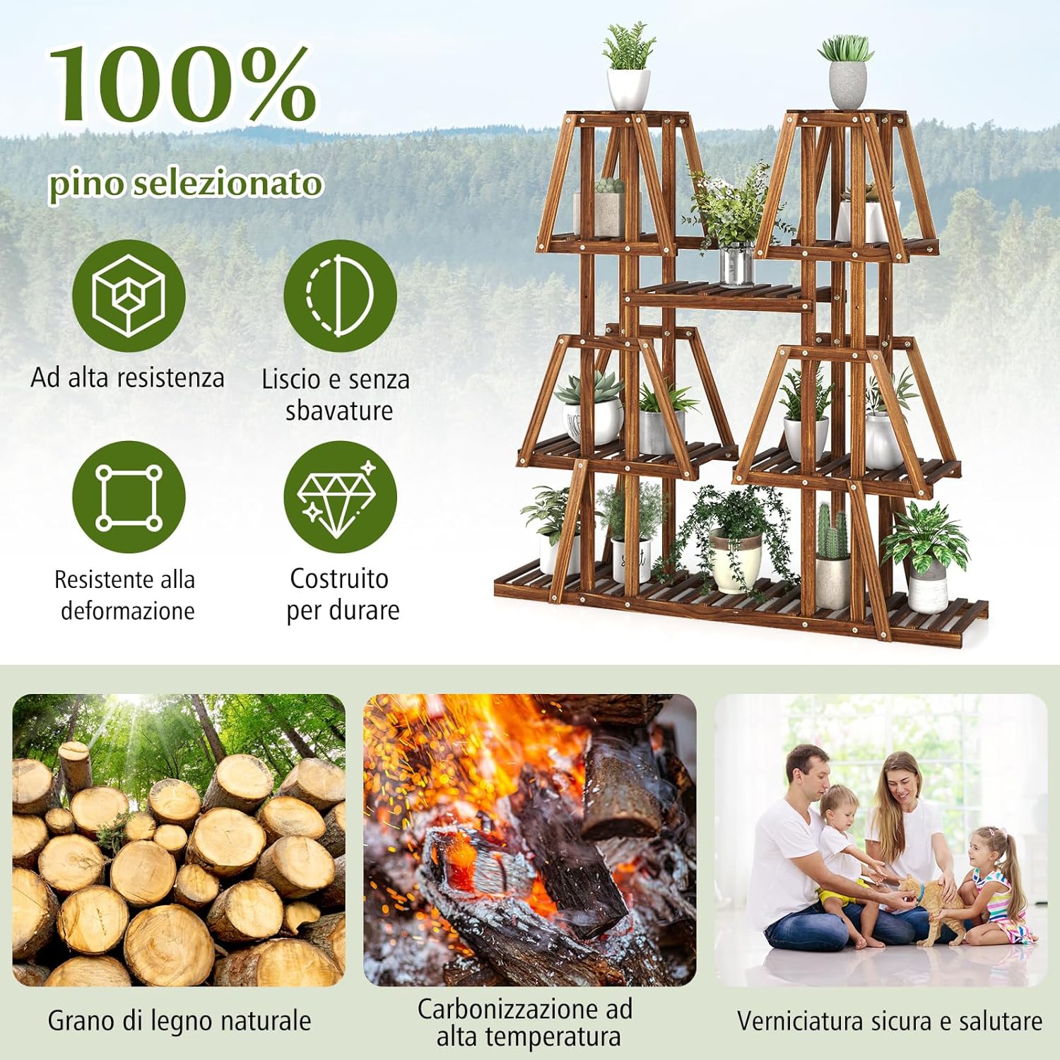 Scaffale per Piante in Legno, Porta Piante a 5 Ripiani con 10 Mensole per Piante in Vaso, Espositore per Piante da Interno ed Esterno per Soggiorno, Balcone, Patio e Portico