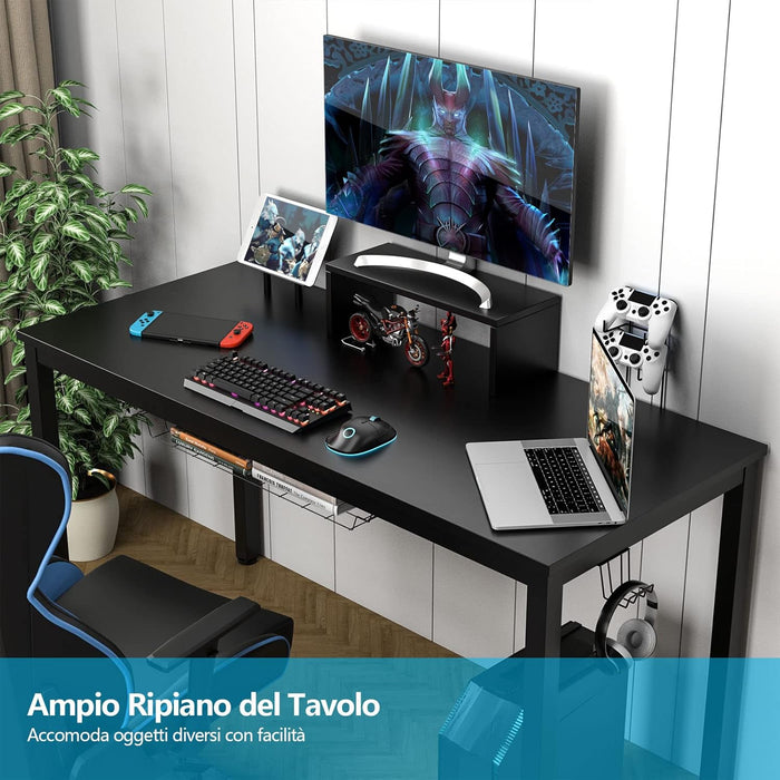 Scrivania da Gaming da 140 cm, Scrivania Ergonomica con Portabicchieri, Mensola per Monitor, Gancio per Cuffie, Cestino Portaoggetti, Scaffale per Supporti Multimediali e Piedini Regolabili