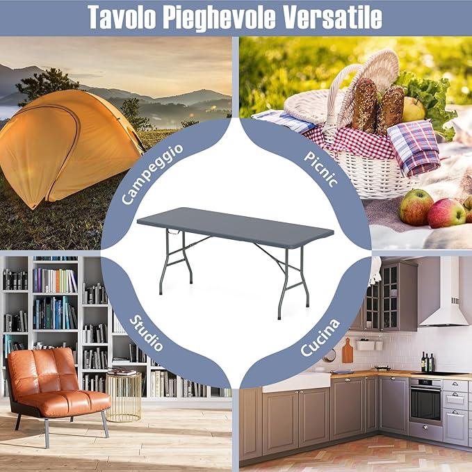Tavolo Pieghevole Portatile da 180/245 cm, Tavolo da Campeggio in HDPE, Meccanismo di Blocco Sicuro, Tavolo da Picnic con Maniglia, Portata 160 kg (180 cm,Grigio)