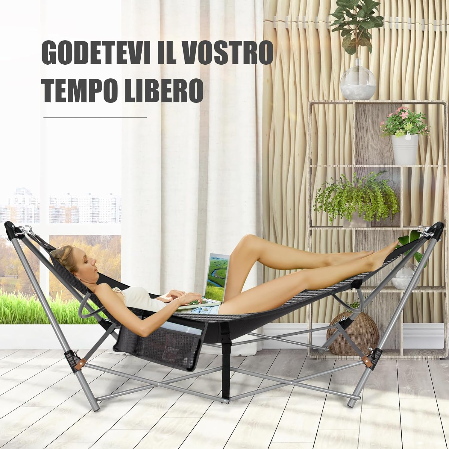 Amaca Pieghevole, Amaca con Tasca Laterale, Amaca con Supporto in Metallo e Fibbie Antiribaltamento, per Interno ed Esterno, Fino a 150 kg(Nero)