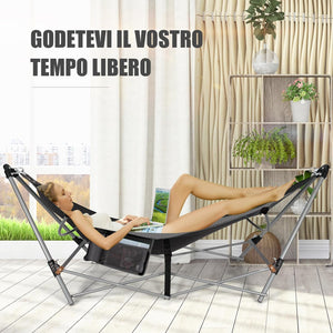 Amaca Pieghevole, Amaca con Tasca Laterale, Amaca con Supporto in Metallo e Fibbie Antiribaltamento, per Interno ed Esterno, Fino a 150 kg(Nero)
