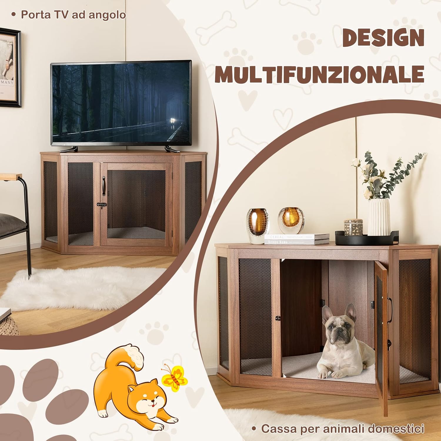 Gabbia per Cani ad Angolo, Casetta per Cani Angolare con Porta a Rete e Cuscino, Maniglia e Chiavistello, Mobile Kennel per Cani da Interno per Stanze e Appartamenti Piccoli