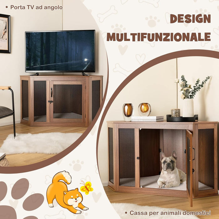 Gabbia per Cani ad Angolo, Casetta per Cani Angolare con Porta a Rete e Cuscino, Maniglia e Chiavistello, Mobile Kennel per Cani da Interno per Stanze e Appartamenti Piccoli