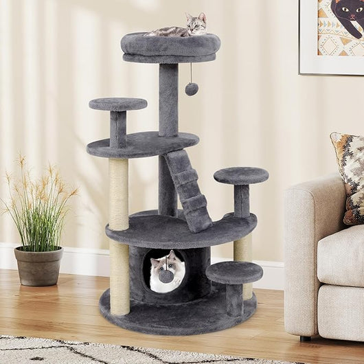 Albero per Gatti Adulti, Torre per Gatti Alta 101 cm con Condominio, Piattaforma Imbottita, Tiragraffi, Pallina di Peluche Pendente e Scala, Albero Tiragraffi in Legno per Interno (Grigio)