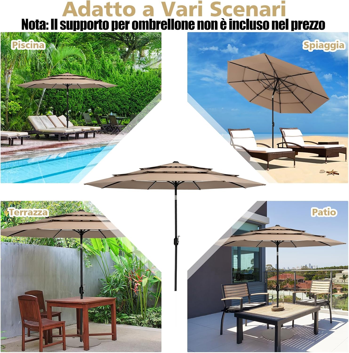Ombrellone da Giardino 293 cm a 3 Livelli, Ombrellone da Esterno con Doppia Ventilazione, Inclinazione Regolabile, con Manovella 8 Stecche, Ombrellone da Spiaggia Giardino Piscina (Caffè)