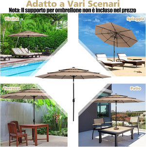 Ombrellone da Giardino 293 cm a 3 Livelli, Ombrellone da Esterno con Doppia Ventilazione, Inclinazione Regolabile, con Manovella 8 Stecche, Ombrellone da Spiaggia Giardino Piscina (Caffè)